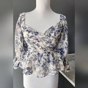 Express Floral Peplum Wrap Blouse - Blue on Cream Size S